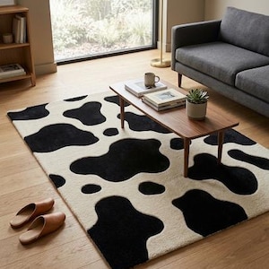 Hand-Tufted Cow Print Wool Rug, Black Cream Animal Pattern, Modern Farmhouse Area Rug (6x9)