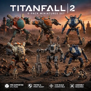 Op de afbeelding: Titanfall 2 6-pack miniaturenset met zes verschillende mechanische robotfiguren en diverse kleine pilotenfiguren in een woestijnlandschap. De tekst Titanfall 2 6-pack miniatures set staat bovenaan met technische iconen aan de onderzijde.