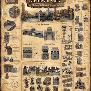 May include: A collection of miniature medieval city modular buildings and accessories, including walls, towers, and props. The display features detailed stone-textured structures, painted models, and diagrams with measurements in millimeters.