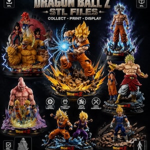 Peut inclure: Une collection de fichiers STL imprimables en 3D Dragon Ball Z représentant divers personnages comme Goku, Majin Buu et Broly dans des poses dynamiques sur des socles détaillés. L'image contient des textes tels que DRAGON BALL Z STL FILES, COLLECT, PRINT, DISPLAY, HIGH DETAIL, READY TO PRINT, SPLIT PARTS et EASY ASSEMBLY.