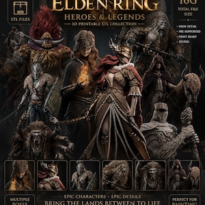 Może przedstawiać: Cyfrowa kolekcja plików STL do druku 3D Elden Ring Heroes & Legends przedstawiająca różne postacie fantasy, w tym skrzydlatego wojownika, postać w kapturze i stworzenie z wieloma ramionami. Całkowity rozmiar pliku 16G.