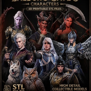 Könnte beinhalten: Eine digitale Sammlung von Baldur's Gate 3 Charakteren mit 3D-druckbaren STL-Dateien. Das Bild zeigt verschiedene Fantasy-Figuren, darunter einen weißen Wolf und eine Eule, mit dem Text Baldur's Gate 3 Characters 3D Printable STL Files.
