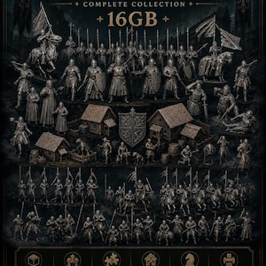 Könnte beinhalten: Eine Sammlung digitaler 3D-druckbarer Modelle mit dem Titel Medieval 3D Printable Models 16GB. Das Set enthält verschiedene Miniaturfiguren von Rittern, Soldaten, Pferden und kleinen Holzgebäuden, alle in einem dunklen, metallischen Grauton.