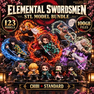 Può includere: Un pacchetto digitale di 123 modelli STL intitolato Elemental Swordsmen, contenente 100 GB di file. L'immagine mostra varie statuette in stile anime in pose dinamiche con effetti elementali, insieme a figure più piccole in stile chibi.