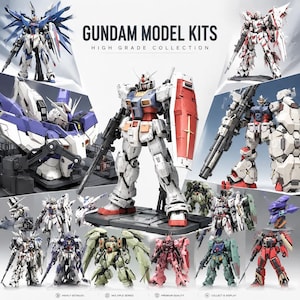 Könnte beinhalten: Eine Sammlung von Gundam-Modellbausätzen mit verschiedenen Roboterfiguren in Weiß, Blau, Rot, Grün und Pink. Die Darstellung umfasst mehrere bewegliche Mecha-Designs mit Waffen und Schilden, beschriftet mit dem Text GUNDAM MODEL KITS.