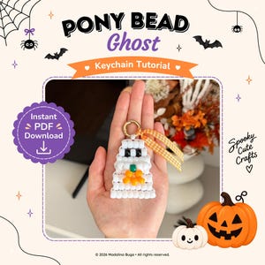 May include: A ghost-shaped keychain made of white pony beads with black bead eyes and an orange bead flower. The keychain features a gold metal ring and a yellow and white gingham ribbon. The text reads PONY BEAD Ghost Keychain Tutorial.