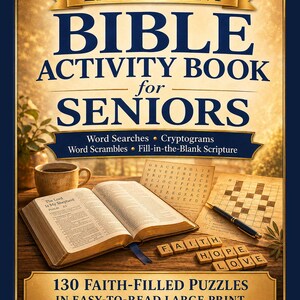 May include: A large print Bible activity book for seniors featuring word searches, cryptograms, word scrambles, and fill-in-the-blank scripture. The cover displays 130 faith-filled puzzles in easy-to-read large print with a gold and blue design.