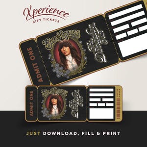 May include: A black gift ticket template for the Ella Langley The Dandelion Tour featuring a portrait of a person in an oval frame, floral accents, and blank fields for name, venue, date, time, seat, and message. Text includes Xperience Gift Tickets.