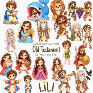 Puede incluir: Una colección de ilustraciones clipart en acuarela con varias figuras bíblicas del Antiguo Testamento, incluyendo un rey con arpa, una persona dentro de una ballena, un león y un guerrero, con el texto "WATERCOLOR CLIPARTS Old Testament 60 PNG 300 DPI LiLi studio criativo".