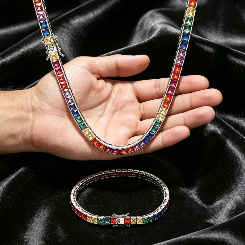 Gold Chain Box Pattern 4mm Rainbow Square CZ Tennis Chain, Gold & White Gold Plated Iced Out ...
