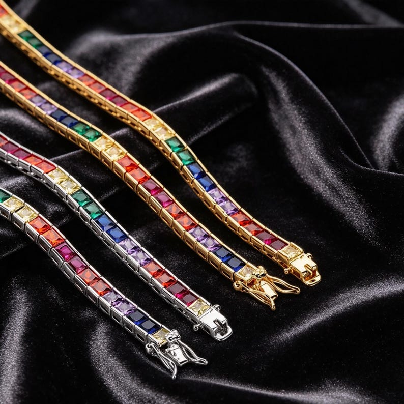 Gold Chain Box Pattern 4mm Rainbow Square CZ Tennis Chain, Gold & White Gold Plated Iced Out ...