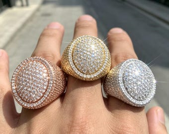 Oval Iced Out Men Ring, Full CZ Bust Down Hip‑Hop Ring, Gold Silver Rose Gold Bling Statement Ring, Gift For Him Size 7‑10