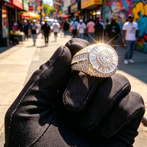 14K Gold Round Baguette Cubic Zirconia Iced‑Out Signet Ring, Mens Hip Hop Rapper Bling Statement Ring