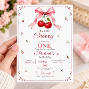 Verjaardagskaart met kersenmotief, verjaardagskaart met kers op de taart, verjaardagskaart voor een meisje met roze strik, bewerkbare Canva-sjabloon, printbaar 5x7 inch