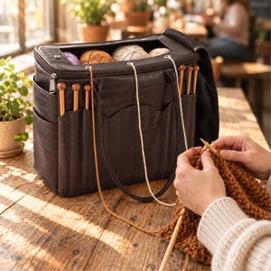 May include: A dark brown crocodile-textured yarn storage bag with a zippered top, featuring multiple exterior pockets holding wooden knitting needles. Several strands of yarn extend from the bag through metal grommets, connecting to a project.