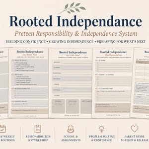 Puede incluir: Un sistema imprimible de 8 páginas en PDF titulado Rooted Independence para preadolescentes de 9 a 13 años. El conjunto incluye rutinas diarias y semanales, rastreadores de responsabilidades, planificadores escolares y guías de autonomía.