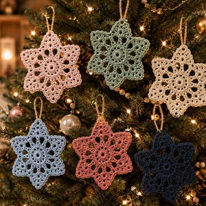 Può includere: Sei decorazioni all'uncinetto a forma di stella in vari colori, tra cui rosa chiaro, verde salvia, crema, azzurro, rosa antico e blu navy. Ogni ornamento presenta un motivo circolare centrale con punte radianti e un laccetto in iuta.