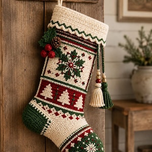 Könnte beinhalten: Ein gehäkelter Weihnachtsstrumpf mit cremefarbenem Bündchen und grünem Wellenrand, einem Mittelteil mit grünem Schneeflockenmuster, einem roten Band mit weißen Tannenbaummotiven sowie einer grünen Spitze mit weißem Sternenmuster.