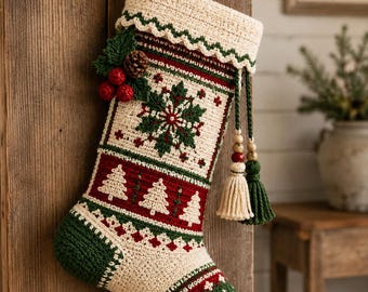 May include: A crocheted Christmas stocking featuring a cream-colored cuff with a scalloped green edge, a central panel with a green snowflake, a red band with white pine tree motifs, and a green toe section decorated with a white star pattern.