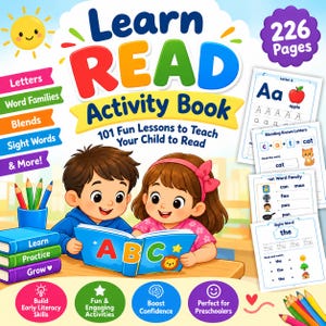 Può includere: Un colorato libro di attività Learn READ da 226 pagine con un bambino e una bambina che leggono un libro ABC. La copertina include testo su lezioni, lettere, famiglie di parole e parole comuni, insieme a illustrazioni di matite, libri e schede.