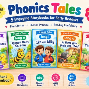 May include: A bundle of five Phonics Tales storybooks for early readers, featuring titles like Chimp and Chick's Lunch, Queen Bee's Scream, Ike and Mike, At Home With Mole and Toad, and That Cat Max, with colourful illustrations and PDF page counts.