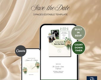 Ivory & Green Save the Date Website Template | Digital Wedding Invitation with Wedding Countdown and Online RSVP | Editable Canva Design