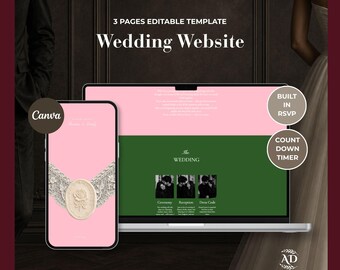Pink & Green Lace Wedding Website Template with Wedding Countdown and Online RSVP | Editable Canva Wedding Invitation (Digital Download)