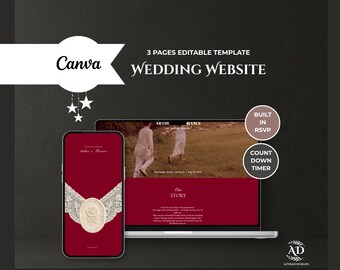 Burgundy Lace Wedding Website Template with Wedding Countdown & RSVP | Editable Canva Wedding Invitation (Digital Download)