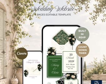 Ivory & Green Wedding Website Template with Wedding Countdown Timer and RSVP: Editable Canva Invitation Design (Digital Download)