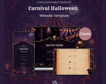 Purple Carnival Halloween Website Template 2026 with Countdown and Online RSVP | Editable Canva Hen Party Invitation | Digital Download