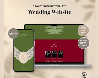 Olive Green & Burgundy Lace Wedding Website Template with Wedding Countdown and RSVP | Editable Canva Wedding Invitation (Digital Download)
