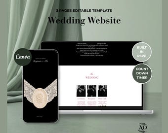 Black & White Lace Wedding Website Template with Wedding Countdown and RSVP | Editable Canva Wedding Invitation (Digital Download)