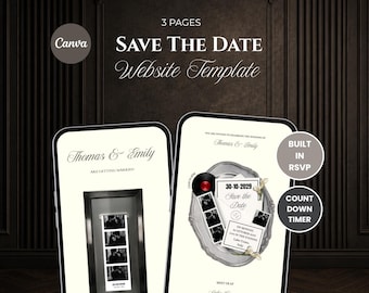 Ivory Photo Booth Save the Date Template, Wedding Website with Music, Wedding Countdown & RSVP | Canva Digital Invitation