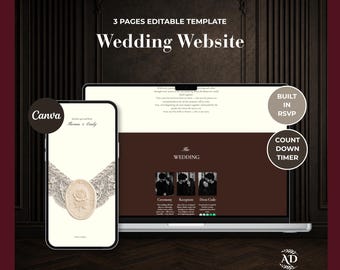 Ivory & Brown Lace Wedding Website Template with Wedding Countdown Timer and RSVP | Editable Canva Wedding Invitation (Digital Download)