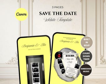 Butter Yellow Photo Booth Save the Date Template, Wedding Website with Wedding Countdown Timer, Music & RSVP | Canva Digital Invitation