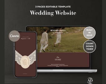 Espresso Brown Lace Wedding Website Template with Wedding Countdown & Online RSVP | Editable Canva Wedding Invitation (Digital Download)