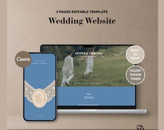 Dusty Blue Lace Wedding Website Template with Wedding Countdown & RSVP | Editable Canva Wedding Invitation (Digital Download)
