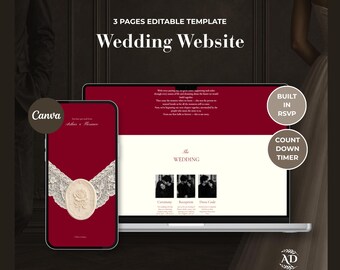 Burgundy & Ivory Lace Wedding Website Template with Wedding Countdown and RSVP | Editable Canva Wedding Invitation (Digital Download)