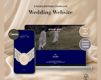 Navy Blue Lace Wedding Website Template with Wedding Countdown and Online RSVP | Editable Canva Wedding Invitation (Digital Download)