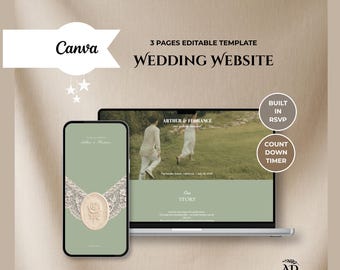 Sage Green Lace Wedding Website Template with Wedding Countdown & Online RSVP | Editable Canva Wedding Invitation (Digital Download)
