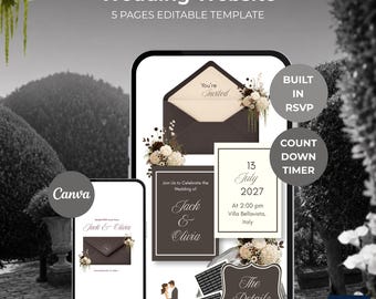 Espresso Brown & Ivory Wedding Website Template | Interactive Canva Design with RSVP Tracker/Countdown Timer (Digital Download)