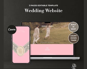 Pink Lace Wedding Website Template with Wedding Countdown Timer and Online RSVP | Editable Canva Wedding Invitation (Digital Download)
