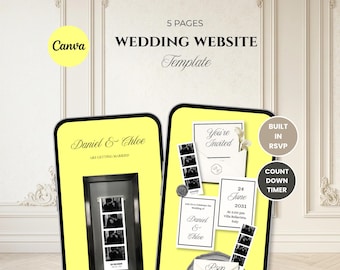 Butter Yellow Photo Booth Wedding Website Template with RSVP & Wedding Countdown | Editable Canva Digital Invitation | Instant Download