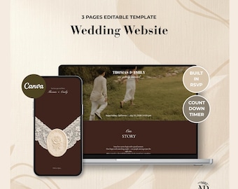 Brown Lace Wedding Website Template with Wedding Countdown & Online RSVP | Editable Canva Wedding Invitation (Digital Download)