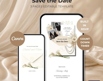 Modern Ivory Save the Date Website Template | Digital Wedding Invitation with Wedding Countdown Timer & RSVP | Editable Canva Design