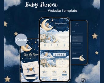Over the Moon Baby Shower Website Template | Twinkle Twinkle Digital Invitation with Countdown & RSVP | Canva Editable Blue Moon Invite