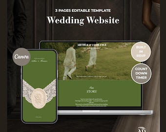 Olive Green Lace Wedding Website Template with Wedding Countdown & RSVP | Editable Canva Wedding Invitation (Digital Download)