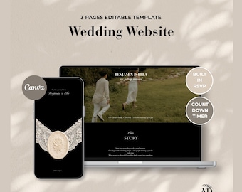Black Lace Wedding Website Template with Wedding Countdown Timer & RSVP | Editable Canva Wedding Invitation (Digital Download)