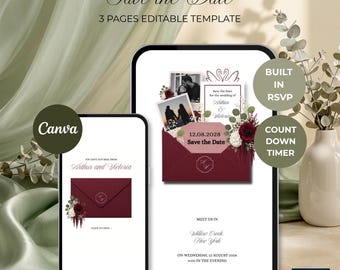 Burgundy Save the Date Website Template | Digital Wedding Invitation with Online RSVP & Wedding Countdown Timer | Editable Canva Design