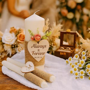 Unity Candle Set for Wedding Ceremony, Personalized Boho Rustic Decor, Always and Forever Keepsake with Date, Couple Gift